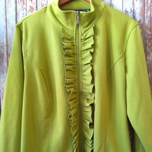 Susan Graver zip front jacket with cascading ruffle L